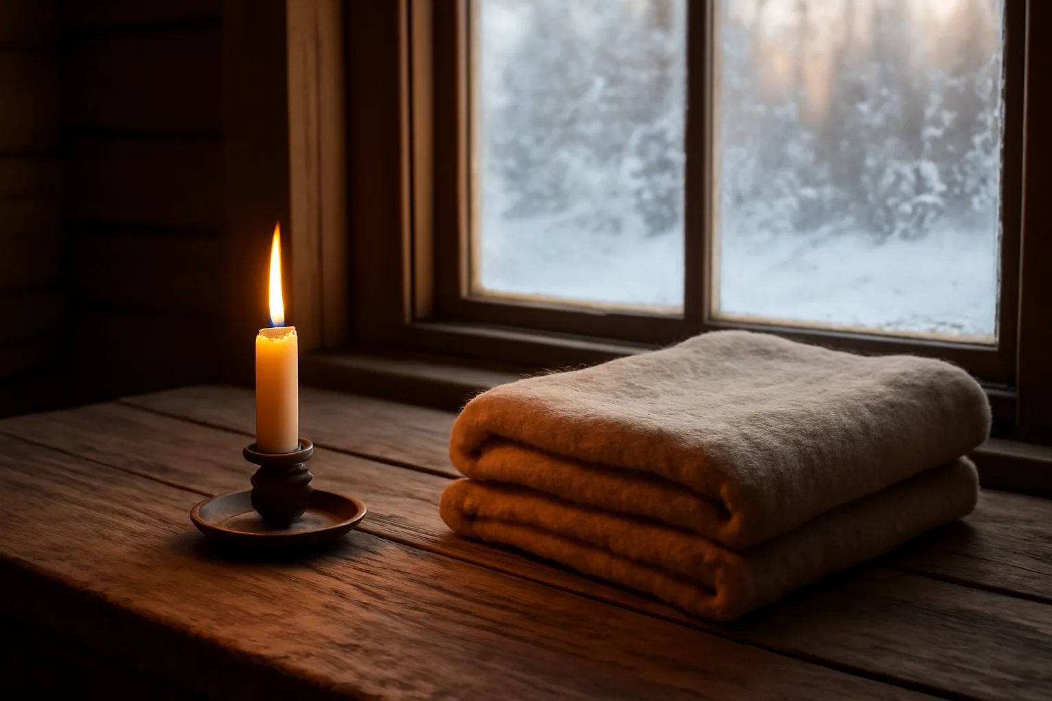 Quiet Alaska cabin interior with candle and wool blanket for home funeral setting