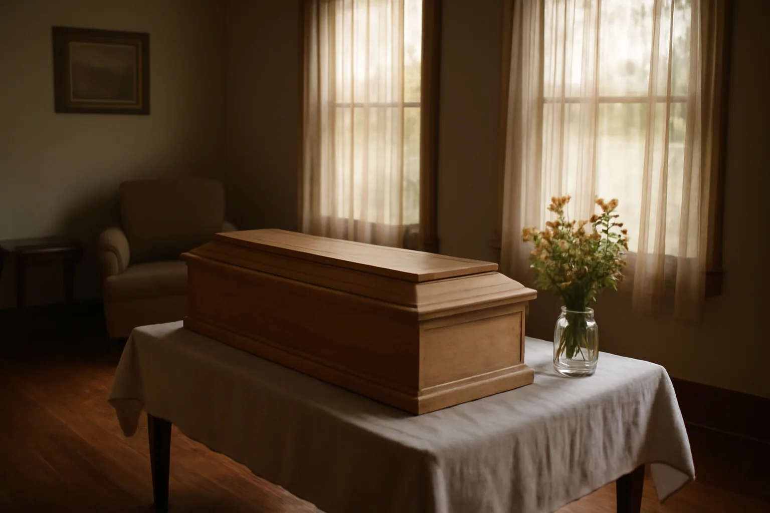 Simple wooden casket in a sunlit Arkansas home living room for a home funeral