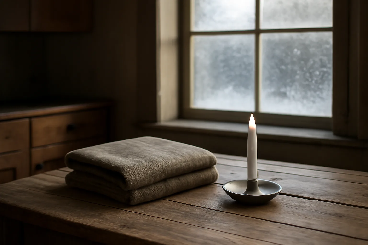 Quiet Alaska kitchen with wool blanket and candle on a wooden table