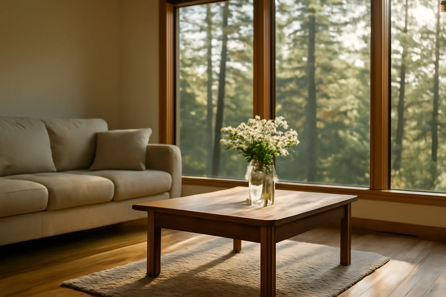 Sunlit Pacific Northwest living room with pine trees and white flowers for a home funeral
