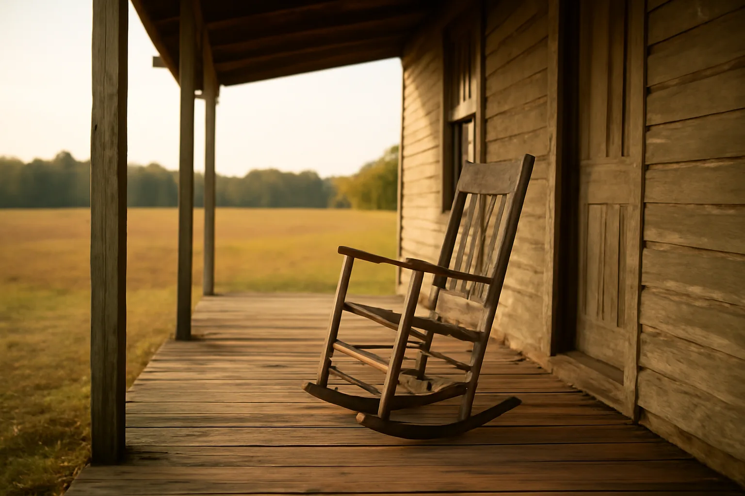 Rural Alabama farmhouse porch at golden hour, quiet setting for a home funeral