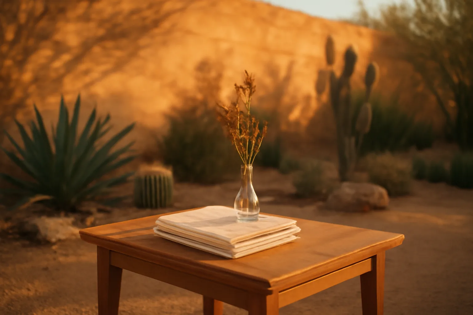 Sunlit Arizona desert garden with white linen and dried flowers for a home funeral