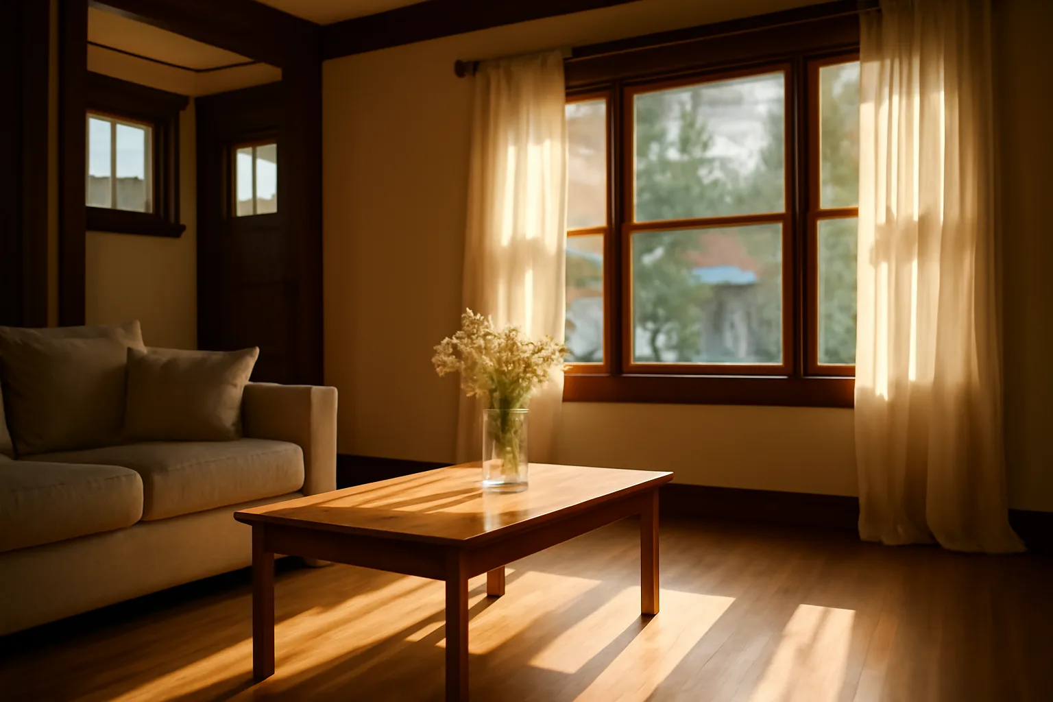 Sunlit California living room with white flowers prepared for a home funeral vigil