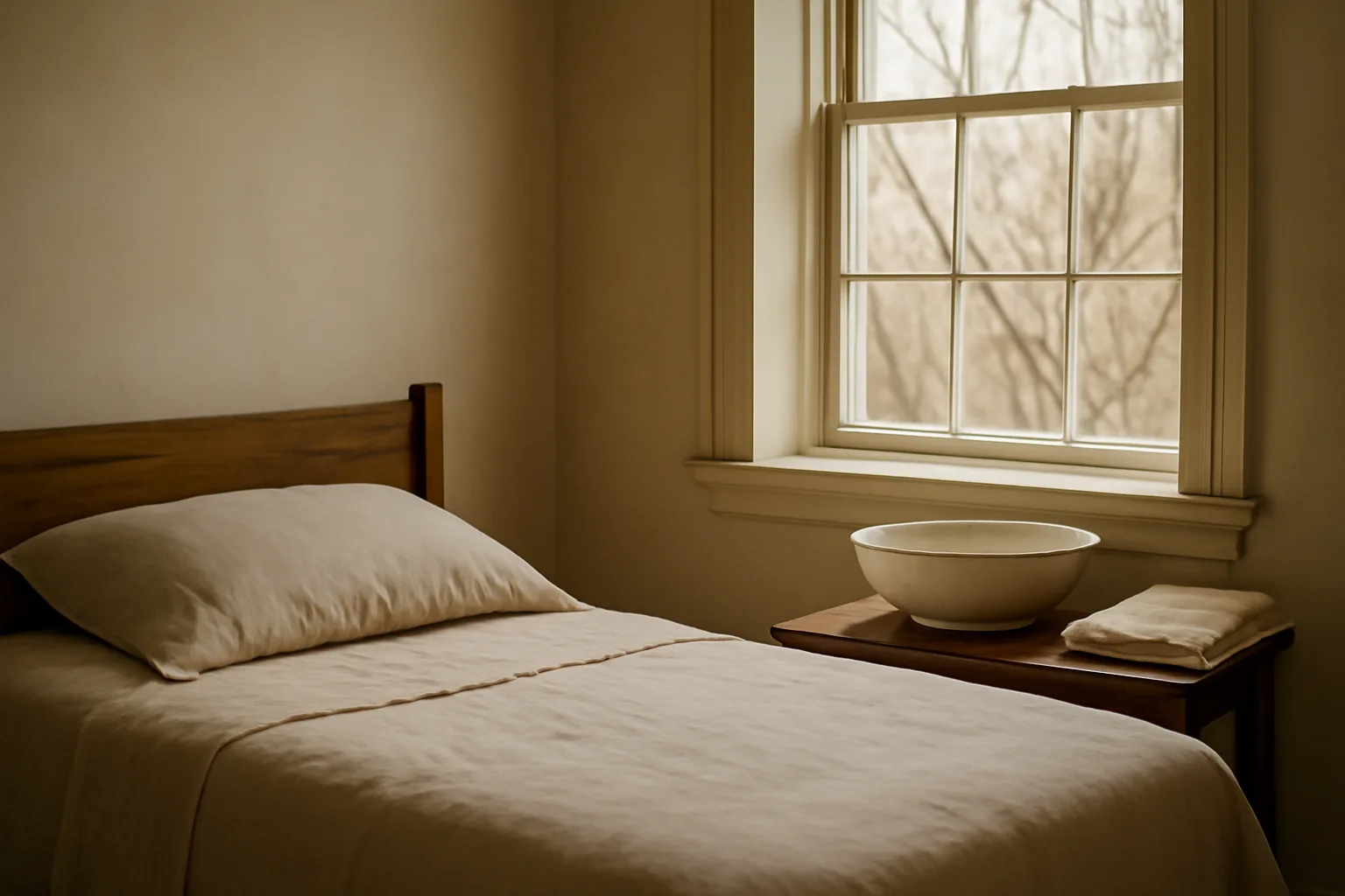 Linen-covered bed in a Connecticut home funeral room