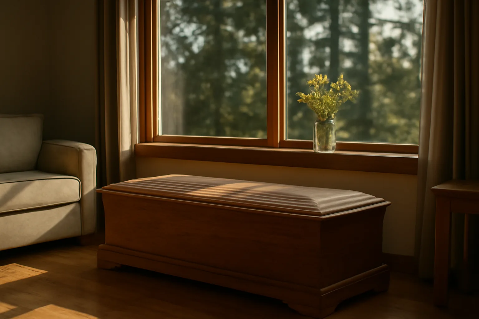 Quiet Pacific Northwest living room with a simple wooden casket and wildflowers for home funeral