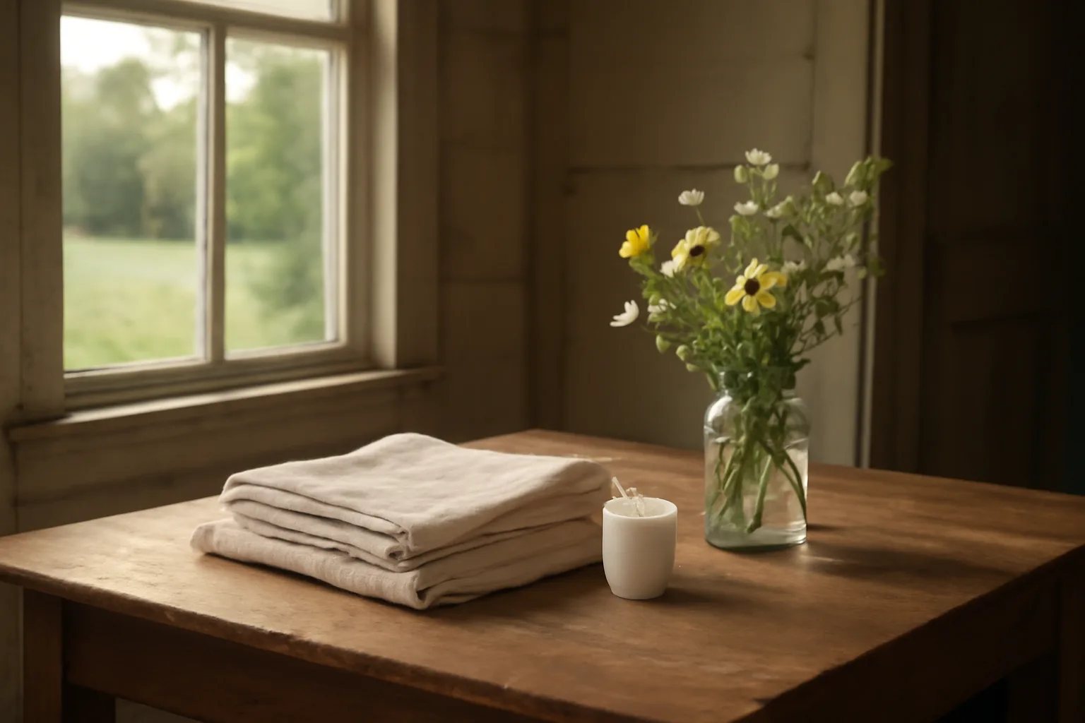 Quiet farmhouse table with white linen and flowers for a home funeral