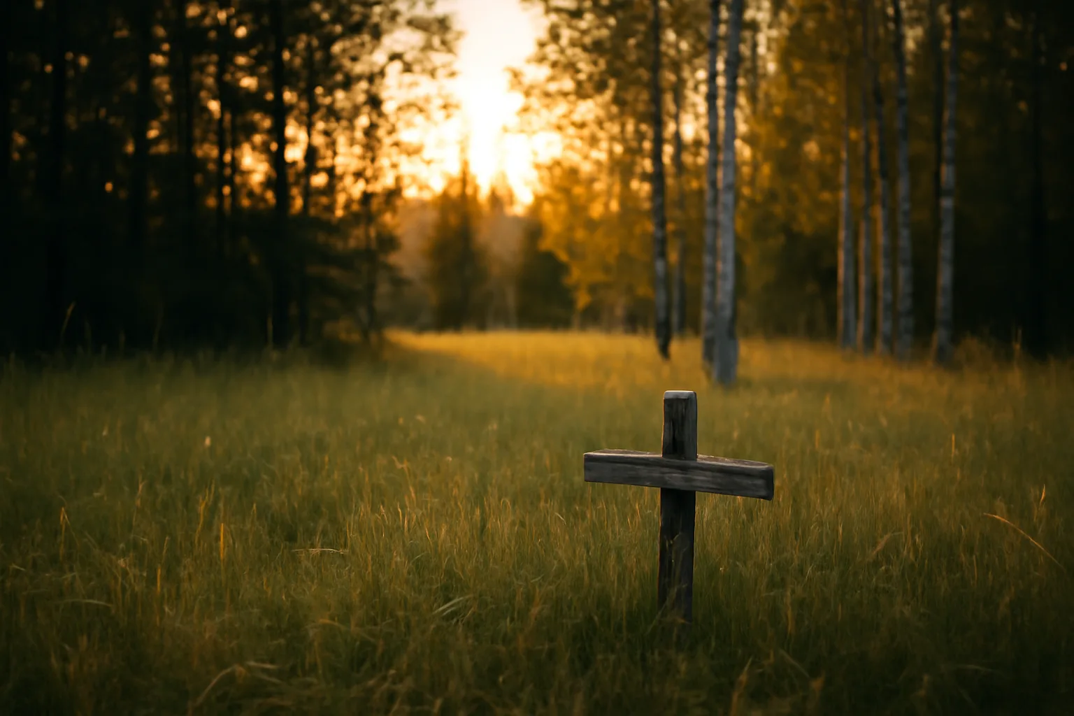 Simple wooden grave marker in an Alaskan forest clearing at dusk