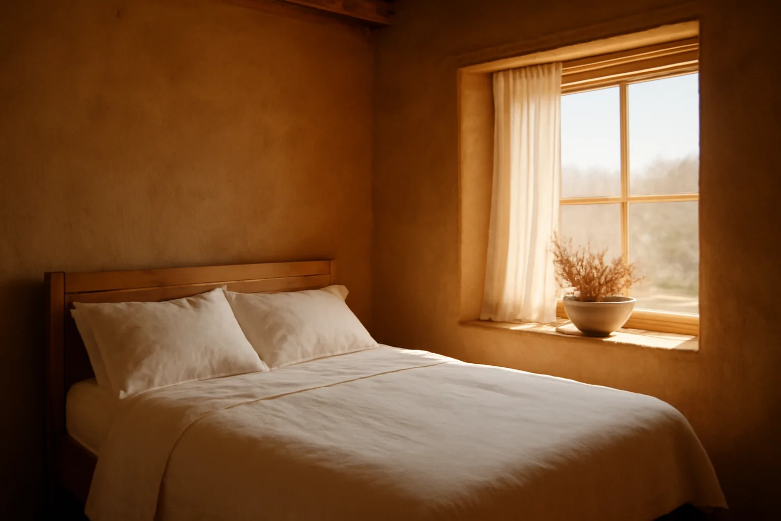 Sunlit adobe bedroom with white linen and desert flowers, Arizona home funeral setting