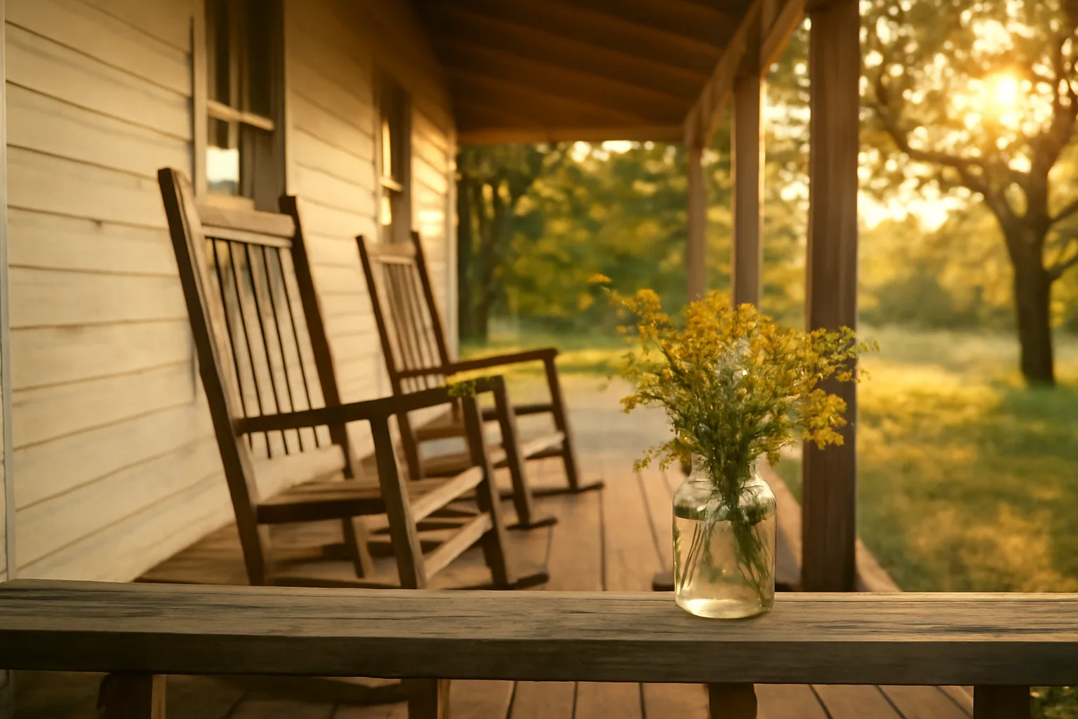 Sunlit farmhouse porch with wildflowers and oak trees, home funeral setting Arkansas