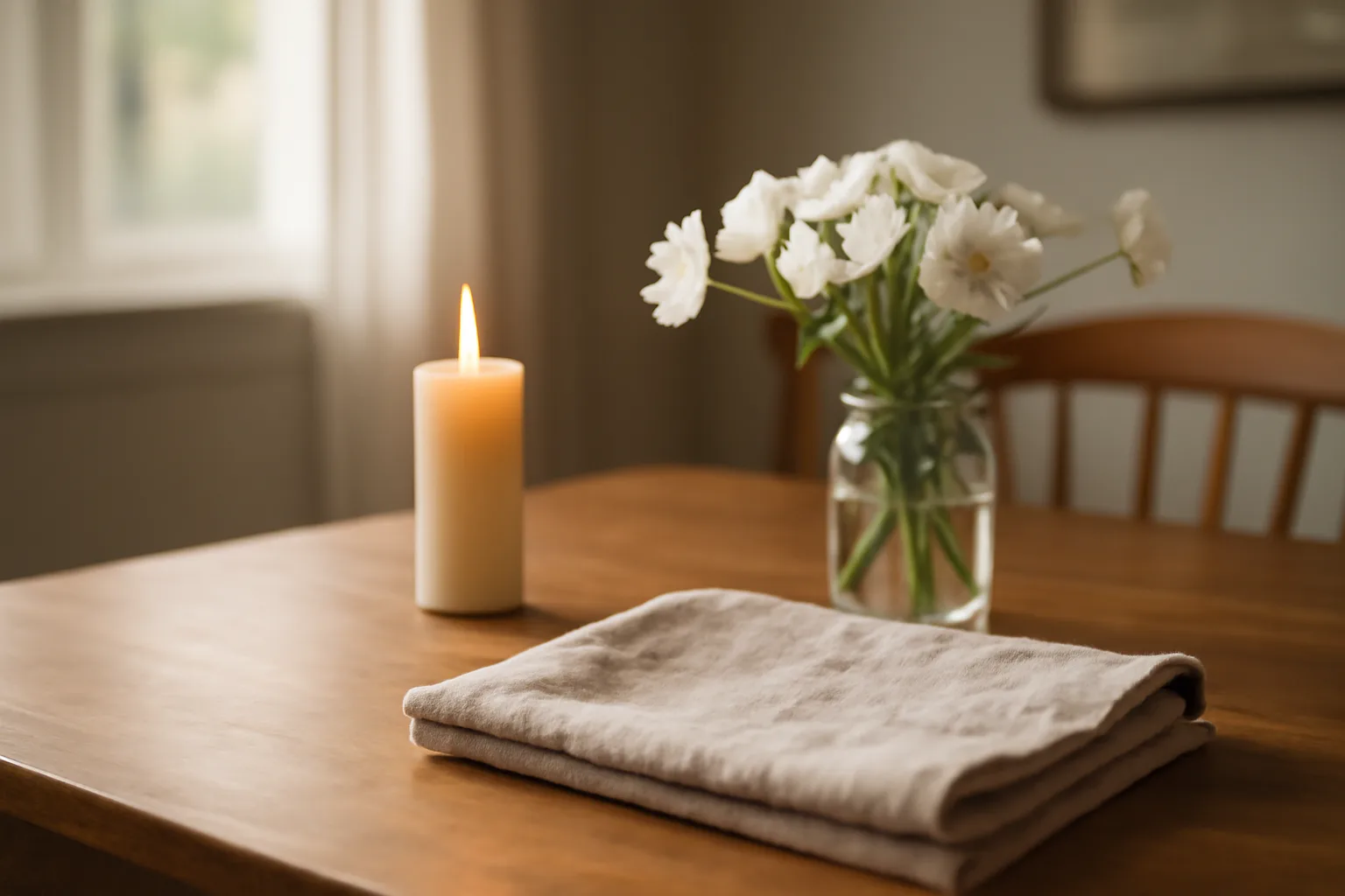 Wooden table with candle and white flowers in a quiet California home for a home funeral