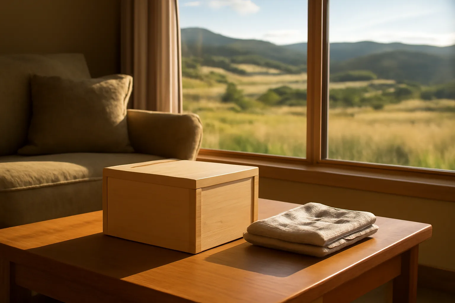 Pine box and linen in a sunlit Colorado room for a home funeral