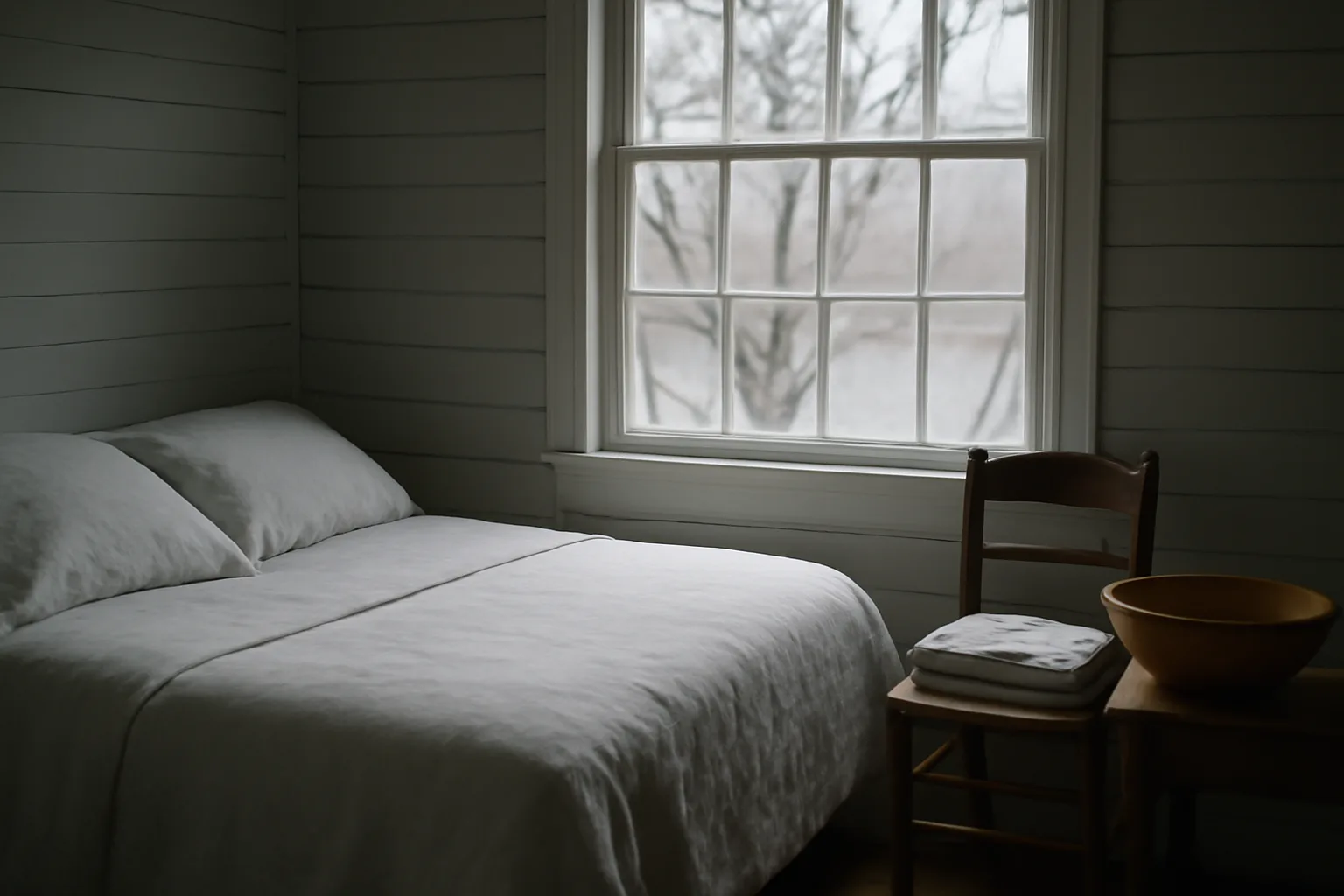 Linen-covered bed in a Connecticut home prepared for a funeral