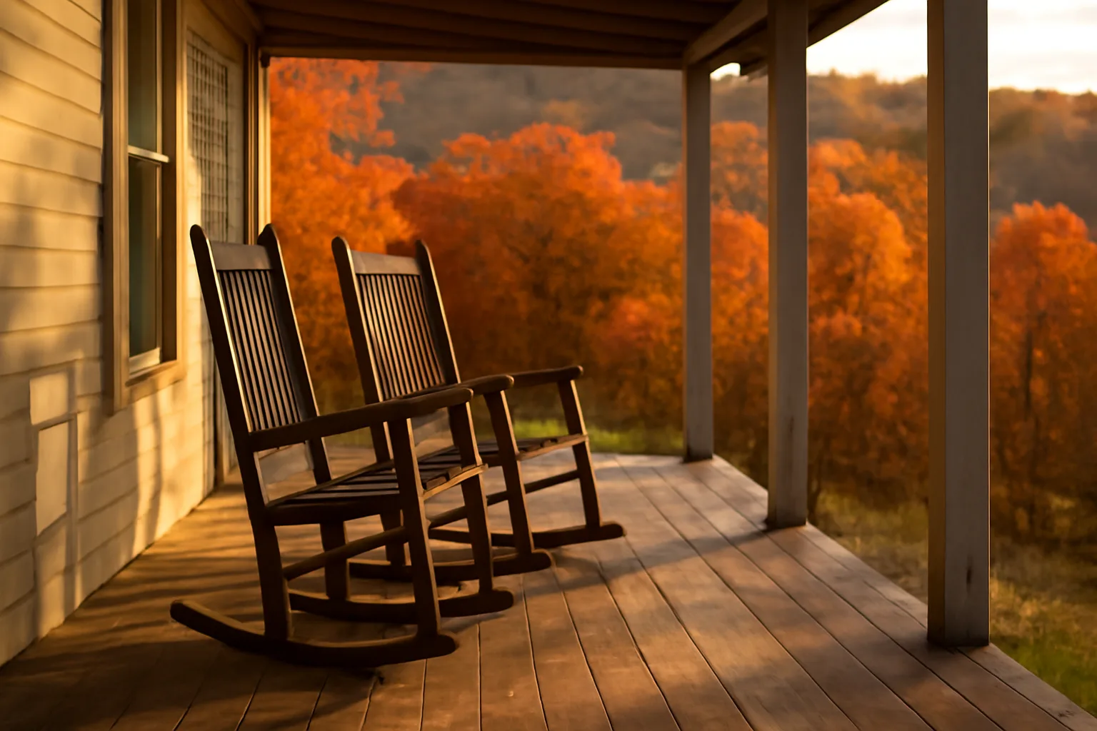 Vermont farmhouse porch in autumn light overlooking a maple-covered hillside