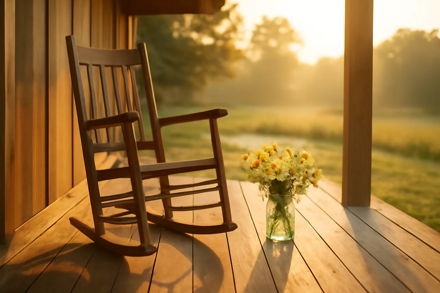 Sunlit rural Alabama porch with rocking chair and wildflowers at dawn