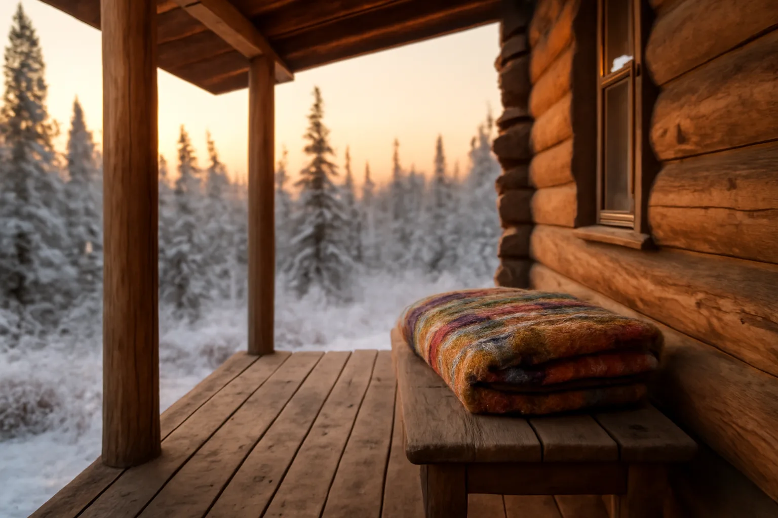 Quiet Alaska cabin porch at dawn with snow-dusted spruce trees, home funeral setting