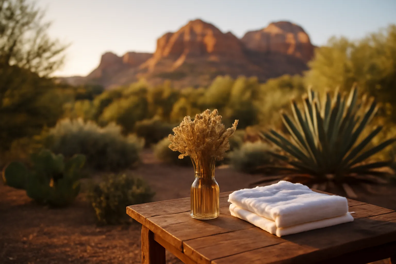 Desert garden in Arizona at golden hour with folded white cloth on wooden table