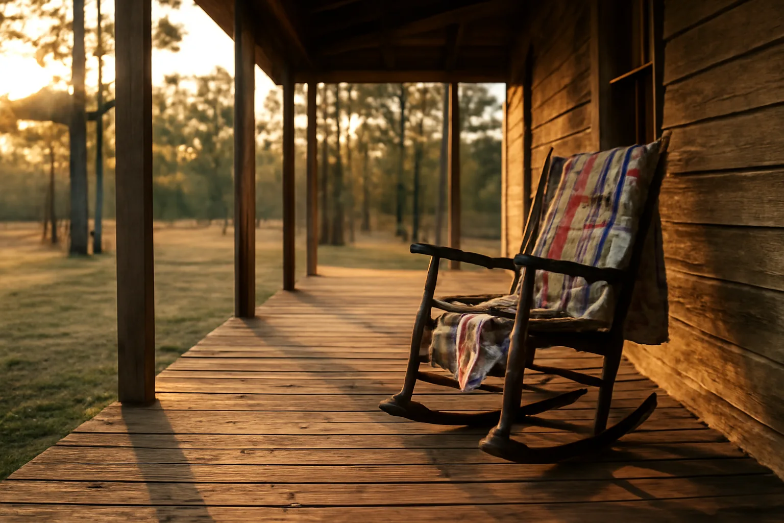 Rural Arkansas farmhouse porch at golden hour, rocking chair with quilt, pine trees