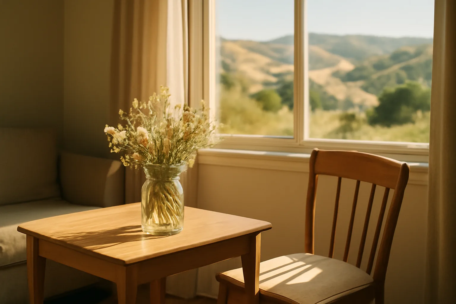 Sunlit California living room with wildflowers and empty chair, home funeral setting