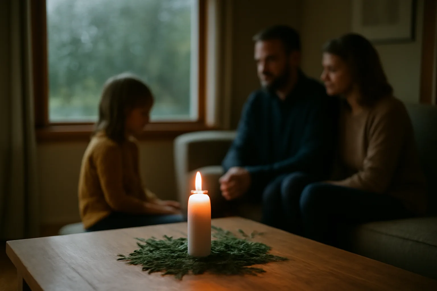 Peaceful Pacific Northwest living room with candle and cedar during a family home funeral gathering