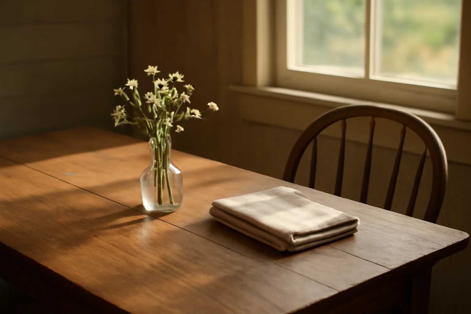 Sunlit farmhouse table with white flowers, quiet Alabama home funeral setting