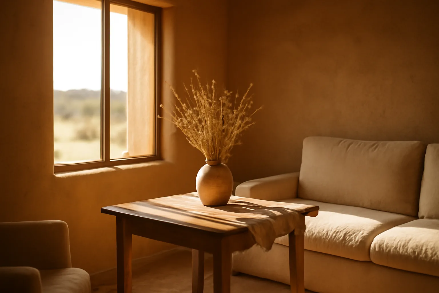Sunlit desert home living room prepared for a quiet home funeral vigil