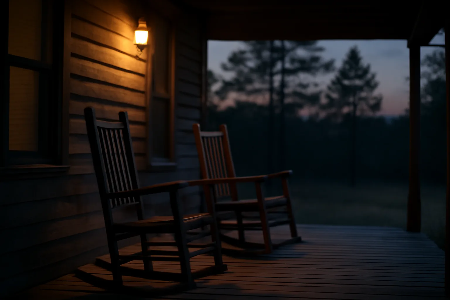 Empty wooden porch chairs at dusk near Arkansas pine trees, home funeral setting
