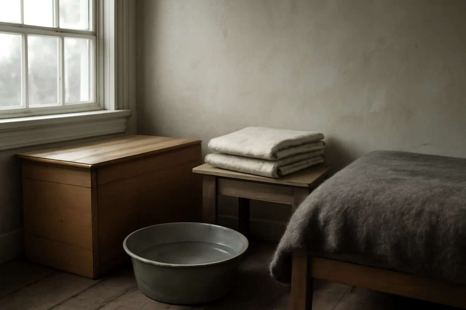 Pine box and linen in a Connecticut house prepared for home funeral