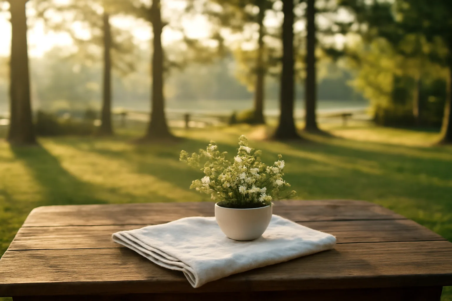 Sunlit rural Alabama backyard with white linen and flowers on a wooden table