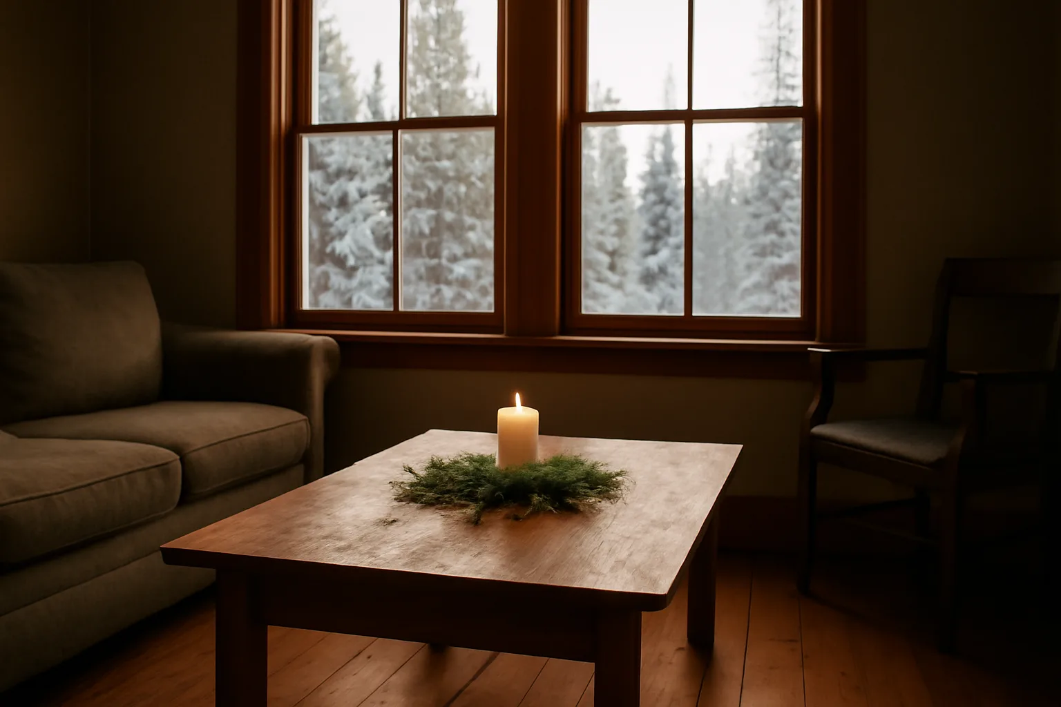 Quiet Alaska living room with candle and spruce boughs for a home funeral vigil