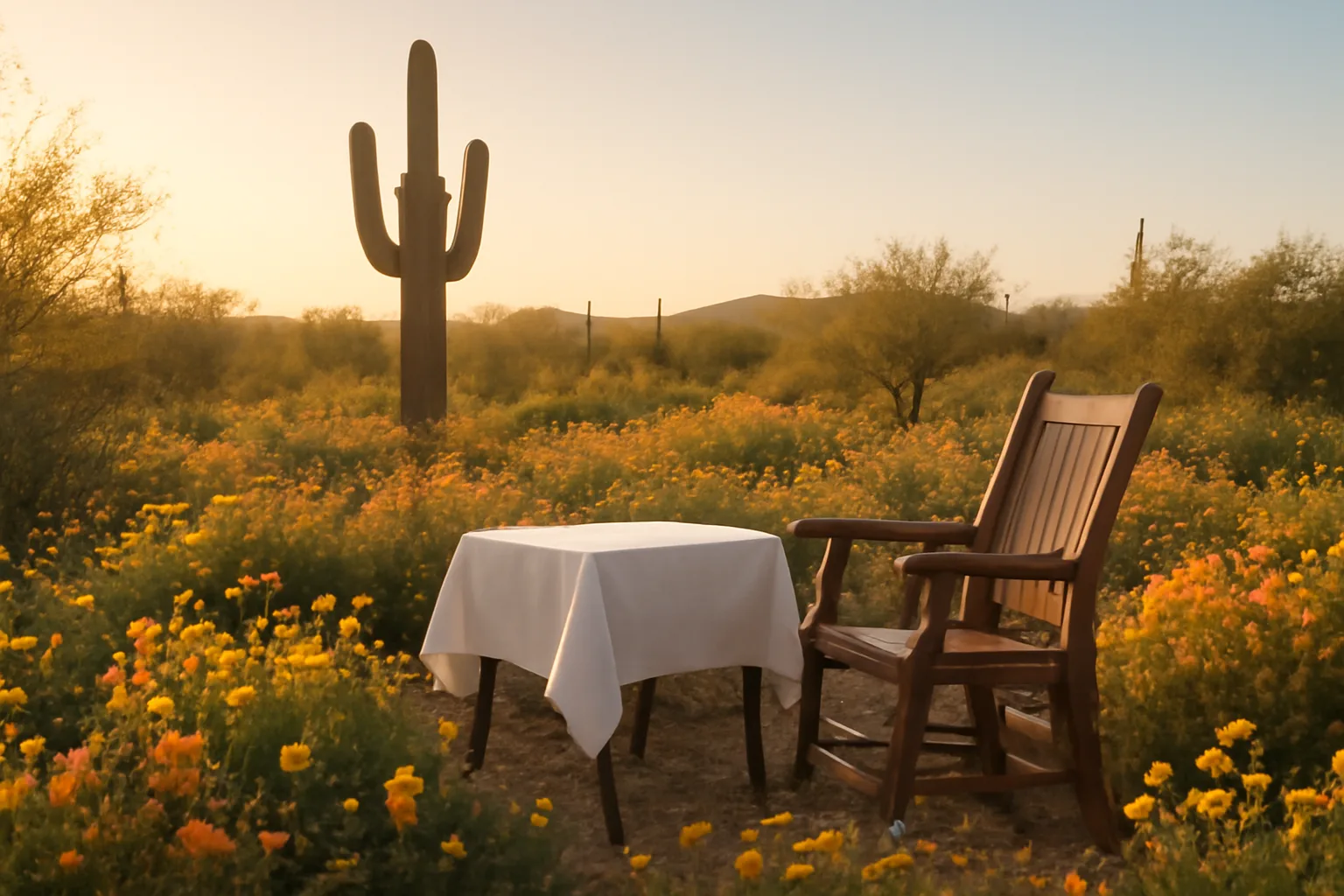 Quiet Arizona desert garden at dawn with soft morning light and a simple white cloth on a table
