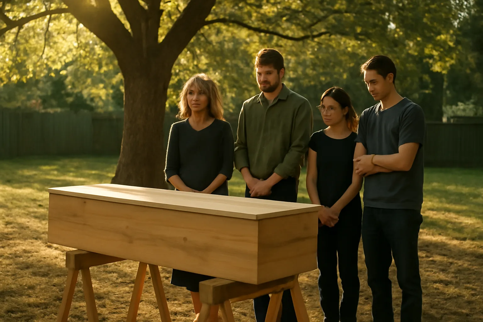 Simple wooden casket under an oak tree at a quiet Arkansas home funeral