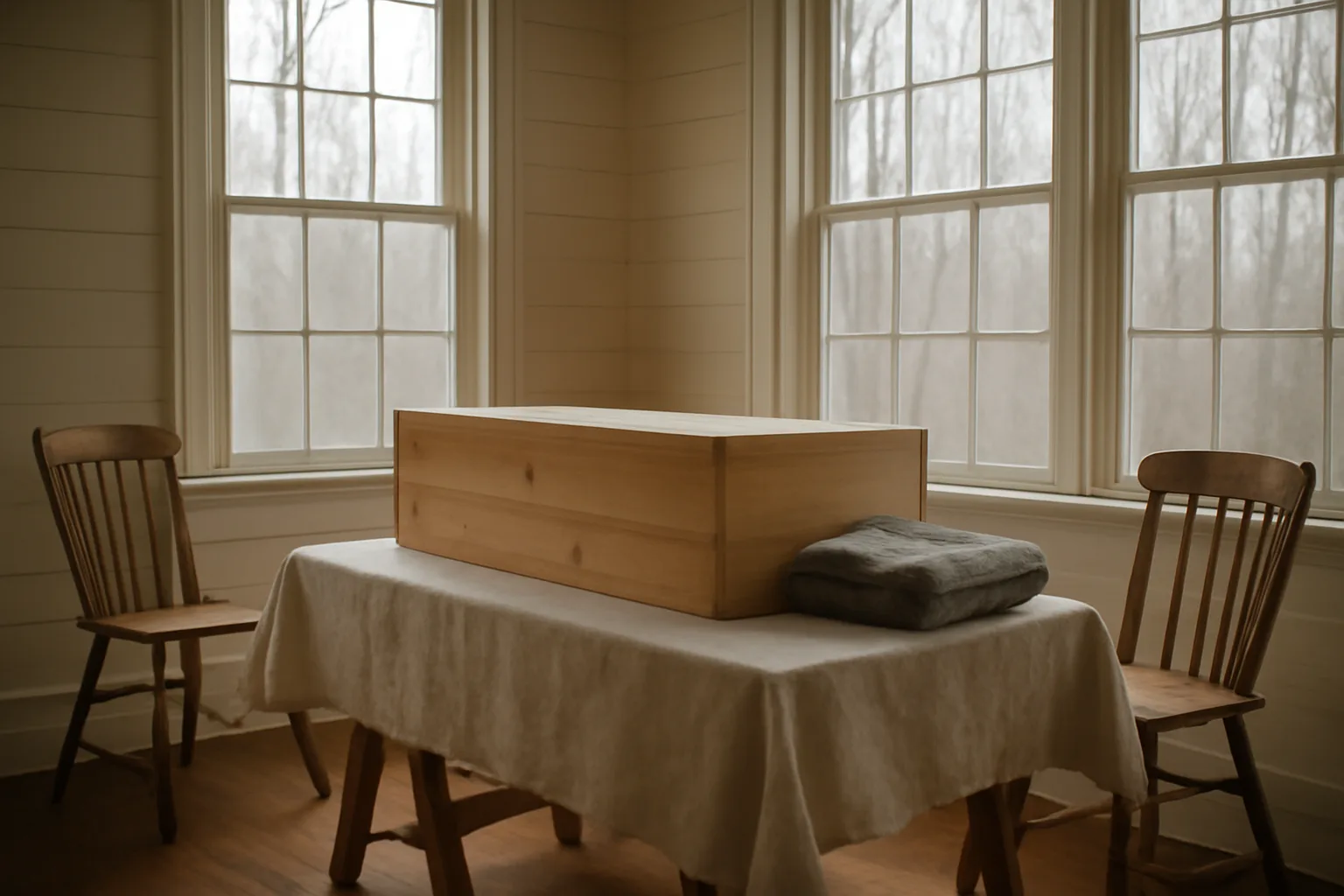 Pine box in a Connecticut living room prepared for a home funeral